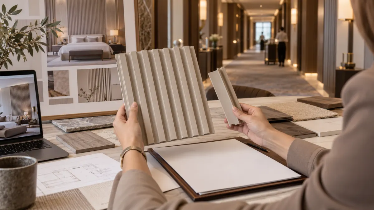 Illustrative hotel material-selection desk with panel samples